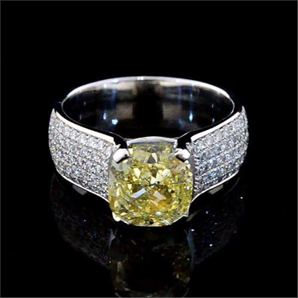 Natural 5.52 CTW Cushion Cut Canary Yellow Diamond Ring 18KT Two-tone