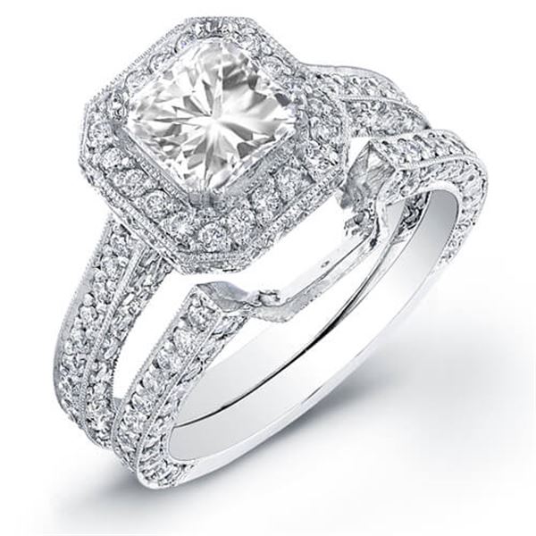 Natural 4.42 CTW Halo Square Radiant Cut Diamond Engagement Set 14KT White Gold