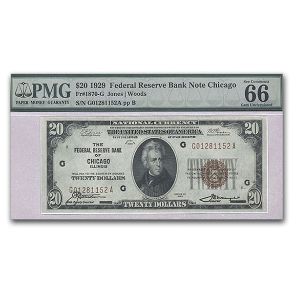 1929 (G-Chicago) $20 Brown Seal FRBN CU-66 EPQ PMG (Corner Flaw)