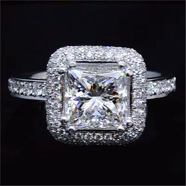 Natural 3.1 CTW Princess Cut Halo Micro Pave Diamond Engagement Ring 14KT White Gold