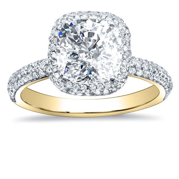 Natural 3.22 CTW Cushion Cut Halo Diamond Engagement Ring 18KT Yellow Gold