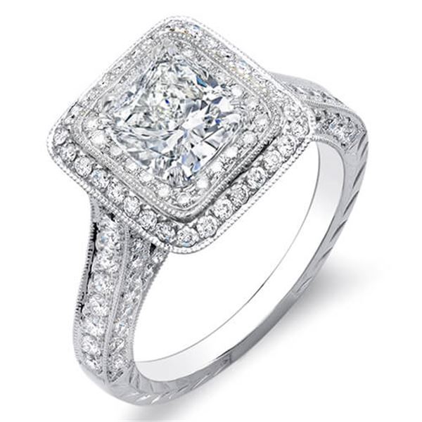 Natural 2.47 CTW Cushion Cut w/ Round Cut Double Halo Diamond Engagement Ring 18KT White Gold