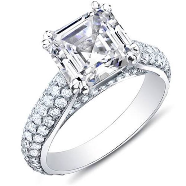 Natural 2.39 CTW Asscher Cut w/ Round Cut Micro Pave Diamond Engagement Ring 14KT White Gold