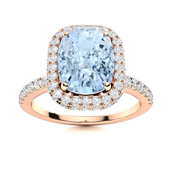 Natural 3.04 CTW Aquamarine & Diamond  Engagement Ring 18K Rose Gold