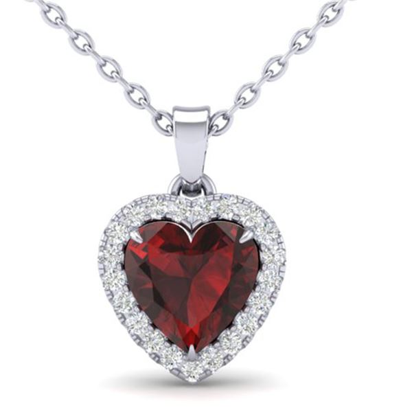 1 ctw Garnet & Micro Pave VS/SI Diamond Heart Necklace 14k White Gold - REF-21W3H