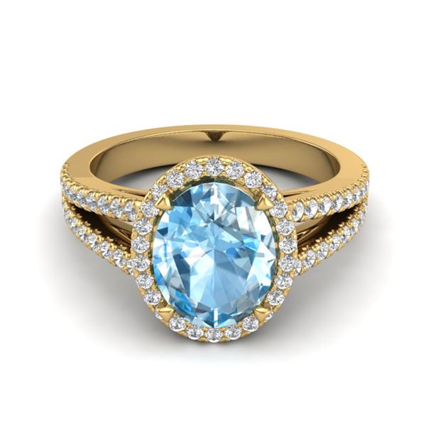 3 Sky Blue Topaz & Micro VS/SI Diamond Halo Ring 18k Yellow Gold - REF-53K5Y