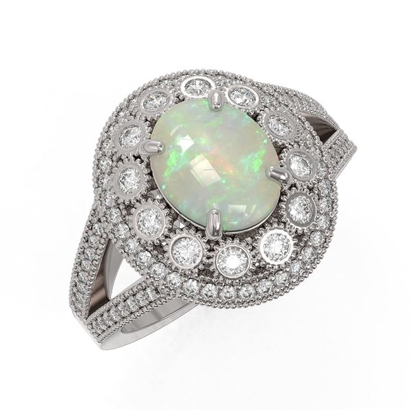 3.93 ctw Certified Opal & Diamond Victorian Ring 14K White Gold - REF-149H3R