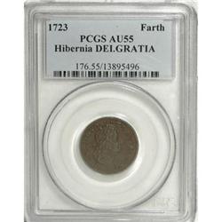 1723 FARTH Hibernia Farthing, DEI GRATIA AU55 PCGS