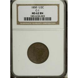 1850 1/2 C Brown MS62 NGC