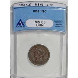 1853 1/2 C Brown MS63 ANACS