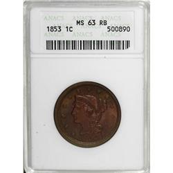 1853 1C Red and Brown MS63 ANACS