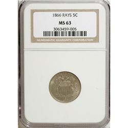 1866 5C Rays MS63 NGC