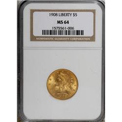 1908 $5 MS64 NGC