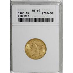 1908 $5 MS64 ANACS