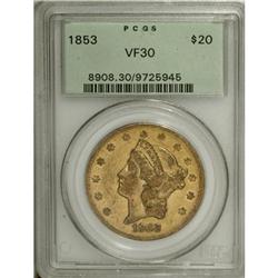 1853 $20 VF30 PCGS