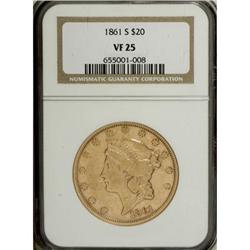 1861-S $20 VF25 NGC