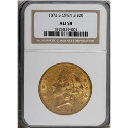 1873-S $20 Open 3 AU58 NGC
