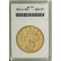 1874-S $20 AU50 ANACS