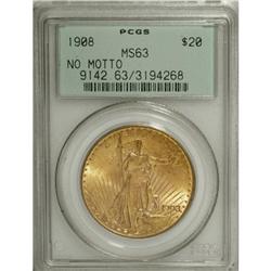 1908 $20 No Motto MS63 PCGS
