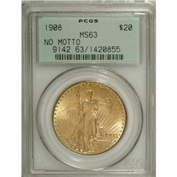 1908 $20 No Motto MS63 PCGS