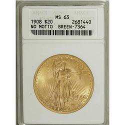 1908 $20 No Motto MS63 ANACS