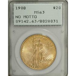 1908 $20 No Motto MS63 PCGS