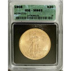 1908 $20 No Motto MS63 ICG