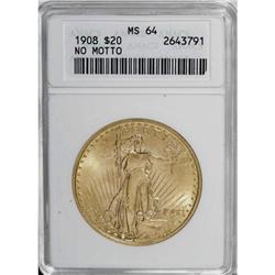 1908 $20 No Motto MS64 ANACS