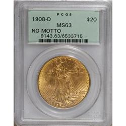 1908-D $20 No Motto MS63 PCGS