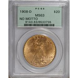 1908-D $20 No Motto MS63 PCGS