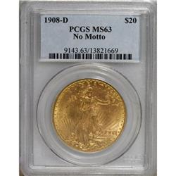 1908-D $20 No Motto MS63 PCGS