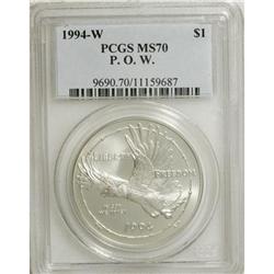 1994-W $1 P.O.W. Silver Dollar MS70 PCGS
