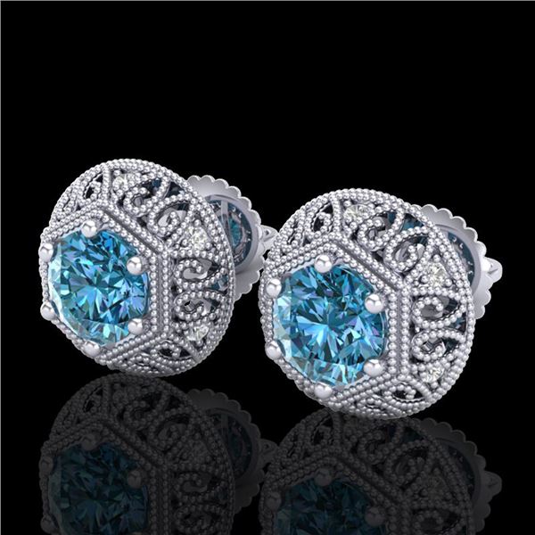 1.31 ctw Fancy Intense Blue Diamond Art Deco Earrings 18k White Gold - REF-149N3F