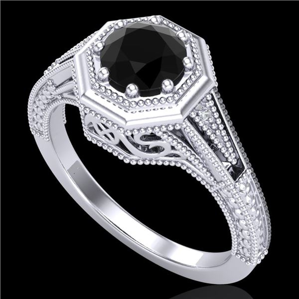 0.84 ctw Fancy Black Diamond Engagment Art Deco Ring 18k White Gold - REF-89H3R