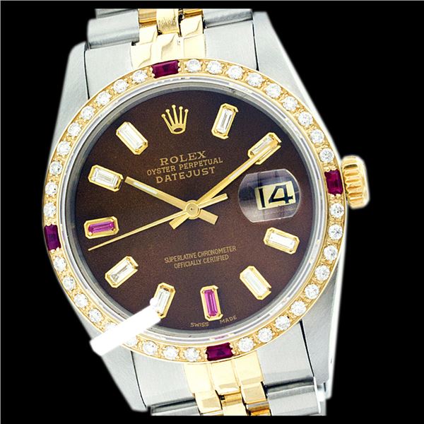 Rolex Men's Two Tone 14K Gold/SS, QuickSet, Diam/Ruby Dial & Diam/Ruby Bezel