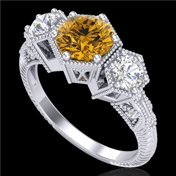 1.66 ctw Intense Fancy Yellow Diamond Art Deco Ring 18k White Gold - REF-338K2Y