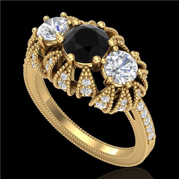 2.26 ctw Fancy Black Diamond Art Deco 3 Stone Ring 18k Yellow Gold - REF-218K2Y