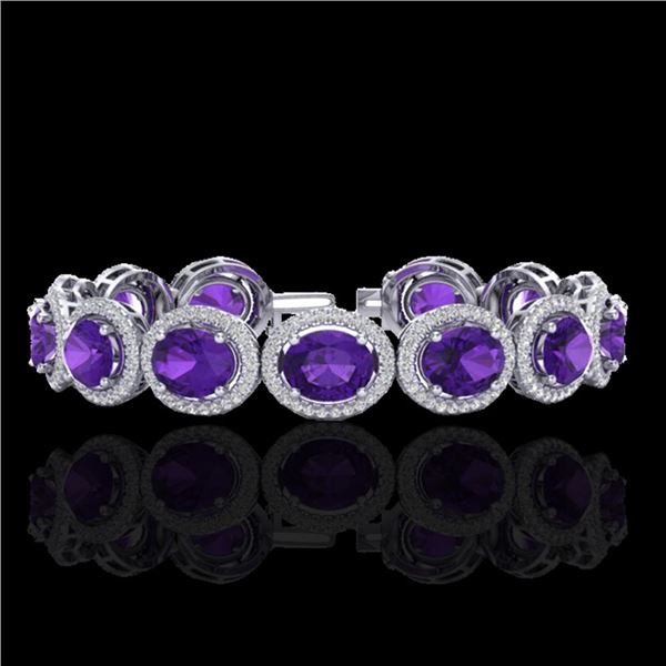 24 ctw Amethyst & Micro Pave VS/SI Diamond Bracelet 10k White Gold - REF-360M2G