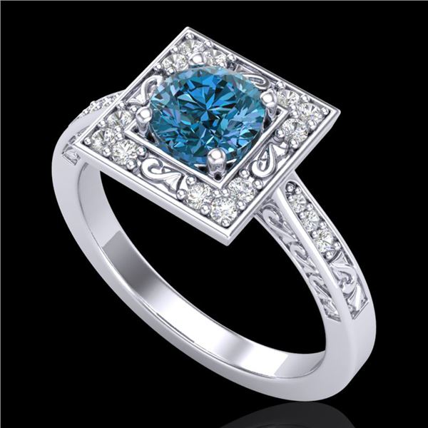 1.1 ctw Intense Blue Diamond Engagment Art Deco Ring 18k White Gold - REF-169W3H