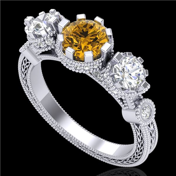 1.75 ctw Intense Fancy Yellow Diamond Art Deco Ring 18k White Gold - REF-227Y3X