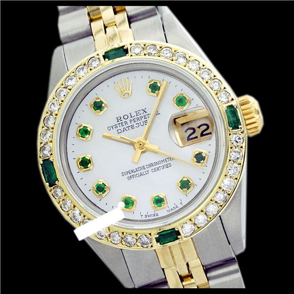 Rolex Ladies Stainless Steel, Diam Dial & Diam/Emerald Bezel, Sapphire Crystal