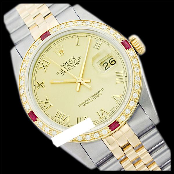 Rolex Men's Two Tone 14K Gold/SS, QuickSet, Roman Dial & Diam/Ruby Bezel
