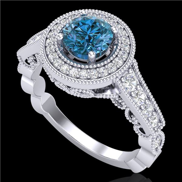 1.12 ctw Fancy Intense Blue Diamond Art Deco Ring 18k White Gold - REF-167H3R