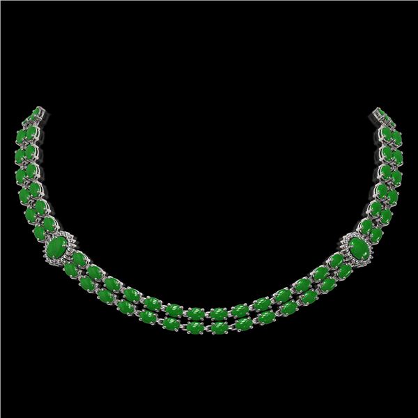 27.65 ctw Jade & Diamond Necklace 14K White Gold - REF-454X5A