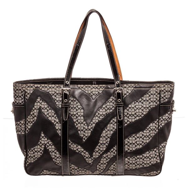 Coach Black Zebra Stripe Canvas  Leather Shoulder Bag