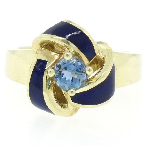 Vintage 14K Yellow Gold FINE Aquamarine & Blue Enamel Trinity Knot Cocktail Ring