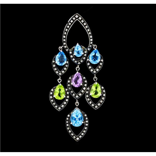 4.00 ctw Multi-Color Gemstone and Diamond Pendant - 18KT White Gold with Black A