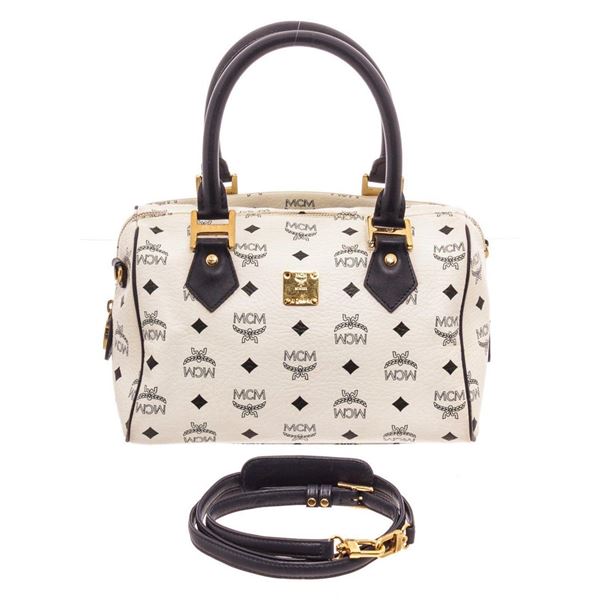 MCM White  Navy Blue Visetos Coated Canvas Boston Bag