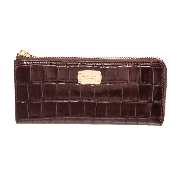 Michael Kors Brown Crocodile Embossed Leather Zippy Wallet