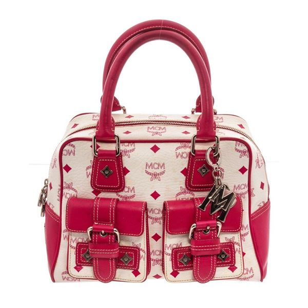 MCM Pink  White Visetos Coated Canvas  Leather Satchel Bag